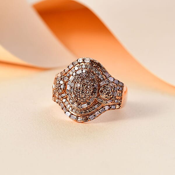 D'Joy Natural Champagne Diamond 1.00 Ctw Eclipse Majesty Ring In 18K Vermeil Rose Gold Over Sterling Silver