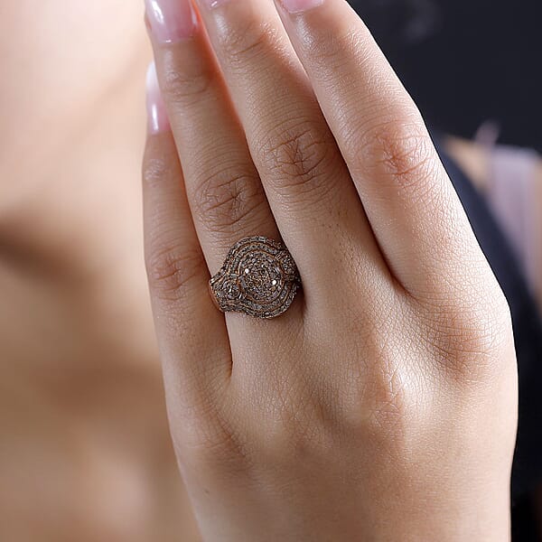 D'Joy Natural Champagne Diamond 1.00 Ctw Eclipse Majesty Ring In 18K Vermeil Rose Gold Over Sterling Silver