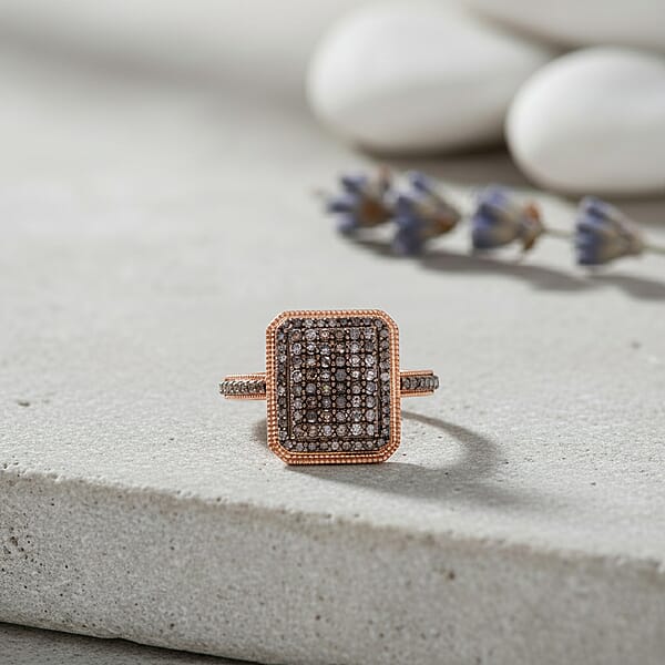 D'Joy Natural Champagne Diamond 1.00 Ctw Radiant Halo Ring In 18K Vermeil Rose Gold Over Sterling Silver