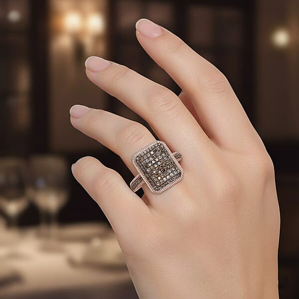 D'Joy Natural Champagne Diamond 1.00 Ctw Radiant Halo Ring In 18K Vermeil Rose Gold Over Sterling Silver