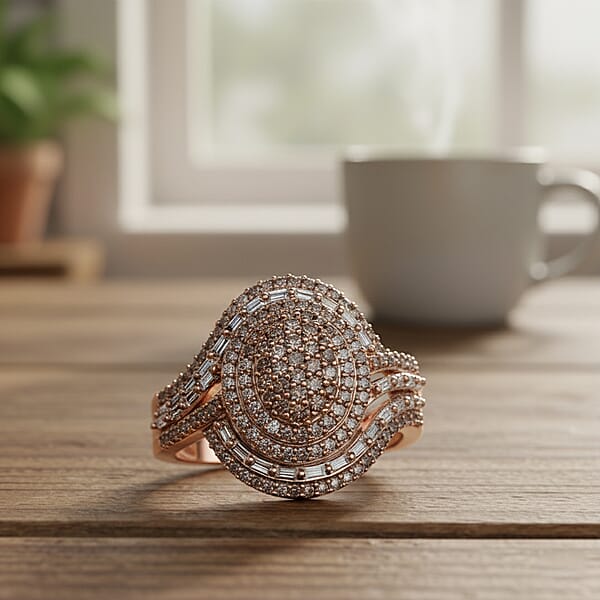 D'Joy Natural Champagne Diamond Cocktail Ring In 18K Vermeil RG Over Sterling Silver 1.00 Ctw