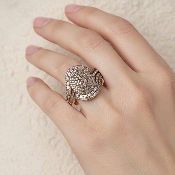 D'Joy Natural Champagne Diamond Cocktail Ring In 18K Vermeil RG Over Sterling Silver 1.00 Ctw