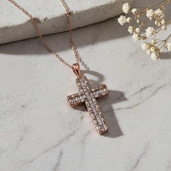 D'Joy Natural Champagne Diamond Cross Pen.dant Necklace In Vermeil RG Over Sterling Silver 1.00 Ctw (20 Inches)