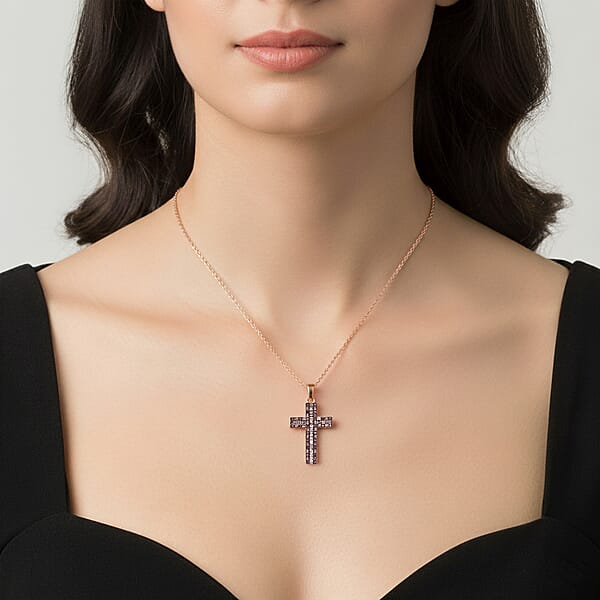 D'Joy Natural Champagne Diamond Cross Pen.dant Necklace In Vermeil RG Over Sterling Silver 1.00 Ctw (20 Inches)