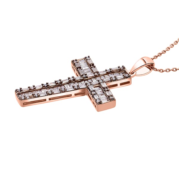 D'Joy Natural Champagne Diamond Cross Pen.dant Necklace In Vermeil RG Over Sterling Silver 1.00 Ctw (20 Inches)