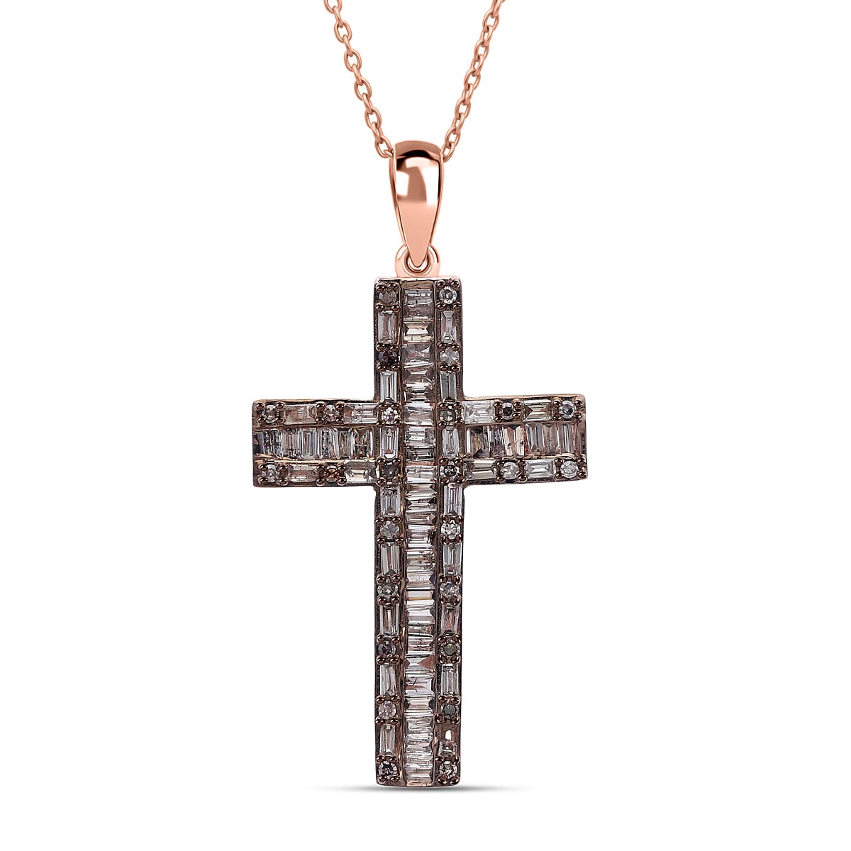D'Joy Natural Champagne Diamond Cross Pen.dant Necklace in Vermeil RG Over Sterling Silver 1.00 ctw (20 Inches)