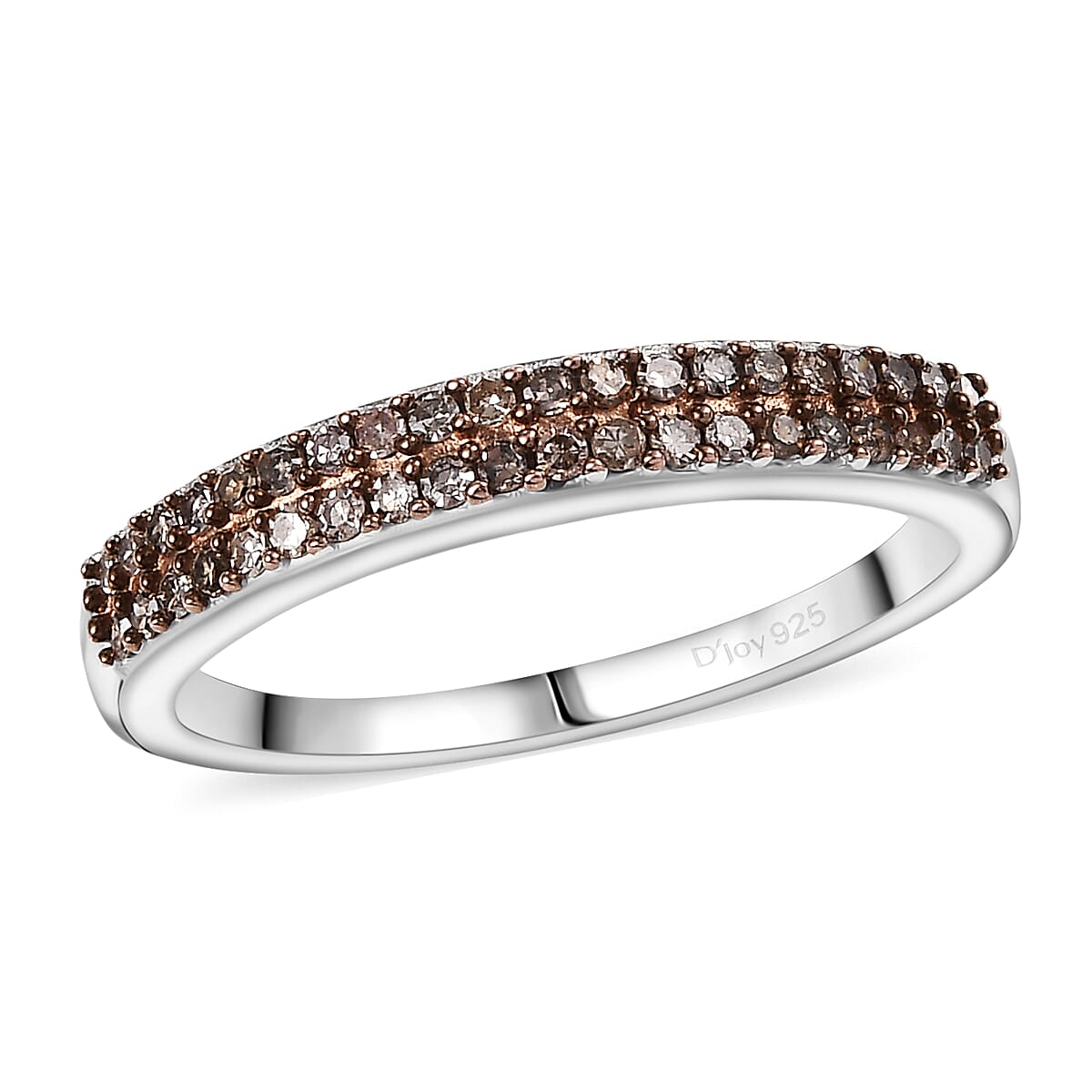 D'Joy Natural Champagne Diamond Double Row Band Ring in Rhodium Over Sterling Silver 0.24 ctw