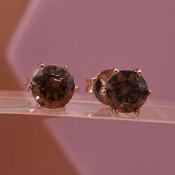 D'Joy Natural Champagne Diamond I2-I3 1.00 Ctw Solitaire Stud Earrings In 18K Vermeil Rose Gold Over Sterling Silver