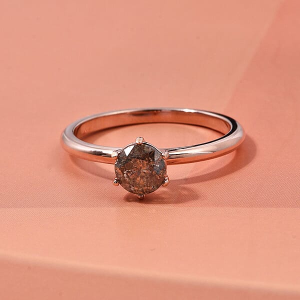 D'Joy Natural Champagne Diamond Solitaire Ring In 18K Vermeil RG Over Sterling Silver 1.00 Ctw