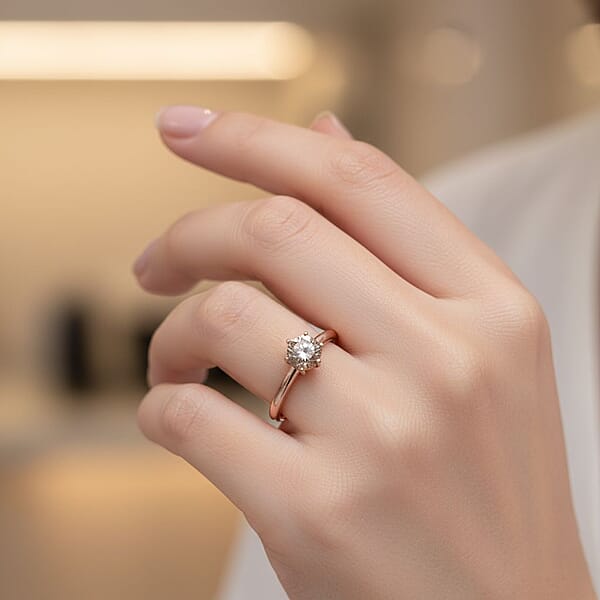D'Joy Natural Champagne Diamond Solitaire Ring In 18K Vermeil RG Over Sterling Silver 1.00 Ctw