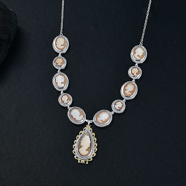 D'Joy Natural Italian Conch Cameo 12.65 Ctw Victorian Elegance Necklace In 18K Vermeil YG And Rhodium Over Sterling Silver 18 Inches