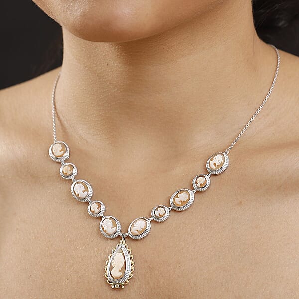 D'Joy Natural Italian Conch Cameo 12.65 Ctw Victorian Elegance Necklace In 18K Vermeil YG And Rhodium Over Sterling Silver 18 Inches