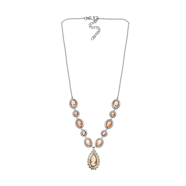 D'Joy Natural Italian Conch Cameo 12.65 Ctw Victorian Elegance Necklace In 18K Vermeil YG And Rhodium Over Sterling Silver 18 Inches