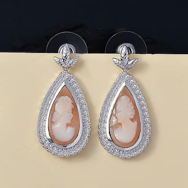 D'Joy Natural Italian Conch Cameo 5.50 Ctw Eternal Grace Earrings In Rhodium Over Sterling Silver