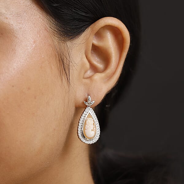 D'Joy Natural Italian Conch Cameo 5.50 Ctw Eternal Grace Earrings In Rhodium Over Sterling Silver