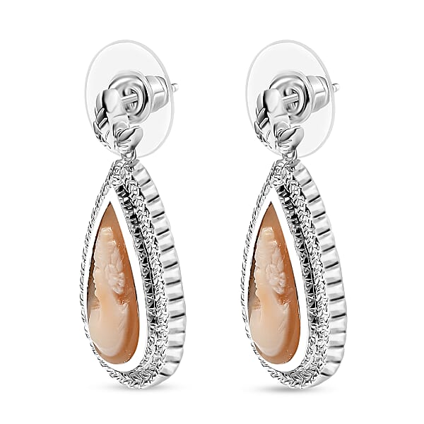 D'Joy Natural Italian Conch Cameo 5.50 Ctw Eternal Grace Earrings In Rhodium Over Sterling Silver