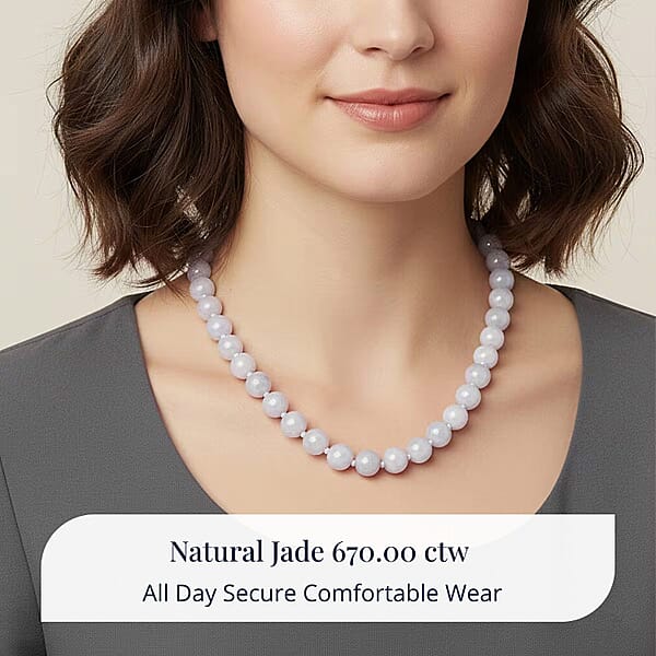 D'Joy Natural Jade 670.00 Ctw Round Beaded Necklace In Rhodium Over Sterling Silver 20 Inches