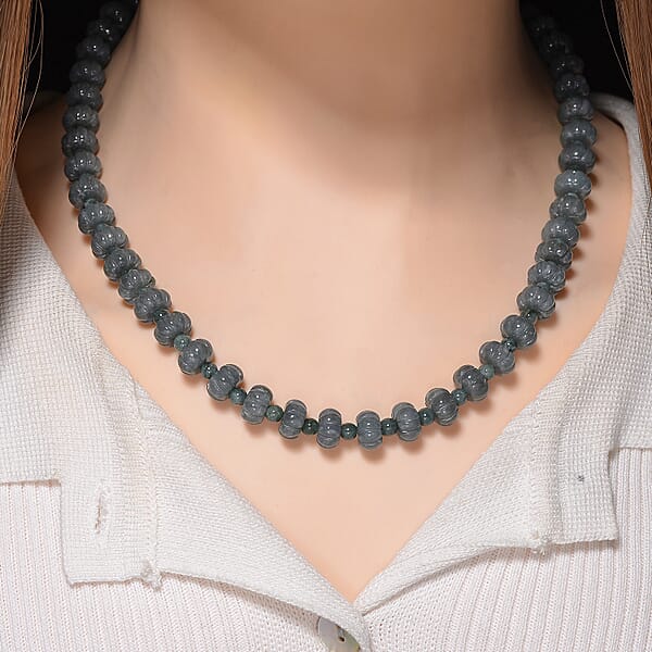 D'Joy Natural Olmec Jadeite 290.00 Ctw Floral Carved Beaded Necklace In Rhodium Over Sterling Silver18-20 Inches