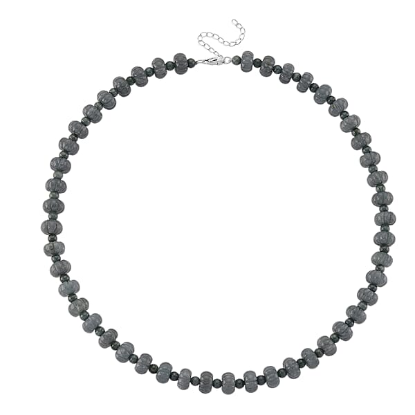 D'Joy Natural Olmec Jadeite 290.00 Ctw Floral Carved Beaded Necklace In Rhodium Over Sterling Silver18-20 Inches