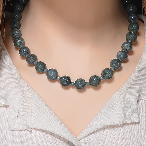 D'Joy Natural Olmec Jadeite 420.00 Ctw Carved Beaded Necklace In Rhodium Over Sterling Silver 18-20 Inches