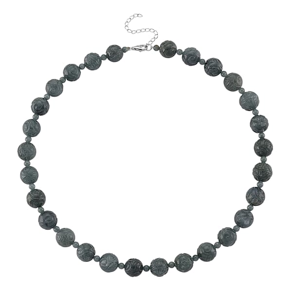 D'Joy Natural Olmec Jadeite 420.00 Ctw Carved Beaded Necklace In Rhodium Over Sterling Silver 18-20 Inches