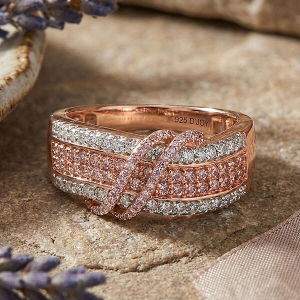 D'Joy Natural Pink And White Diamond 1.10 Ctw Intertwined Ribbon Ring In 18K Vermeil Rose Gold Over Sterling Silver