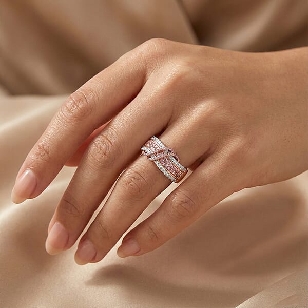D'Joy Natural Pink And White Diamond 1.10 Ctw Intertwined Ribbon Ring In 18K Vermeil Rose Gold Over Sterling Silver