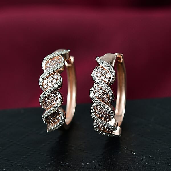 D'Joy Natural Pink And White Diamond I3 0.50 Ctw Hoop Earrings In 18K Vermeil Rose Gold Over Sterling Silver