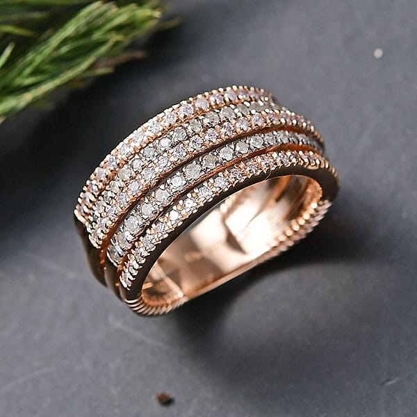 D'Joy Natural Pink And White Diamond Ring In 18K Vermeil RG Over Sterling Silver 1.00 Ctw