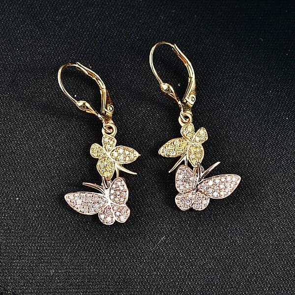 D'Joy Natural Pink And Yellow Diamond 0.50 Ctw Butterfly Earrings In 18K Vermeil YRG Over Sterling Silver