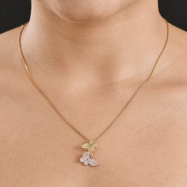 D'Joy Natural Pink And Yellow Diamond Butterfly Pendant Without Chain In Vermeil YRG Over Sterling Silver 0.50 Ctw