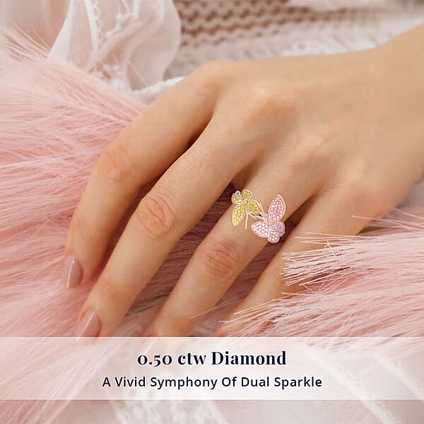 D'Joy Natural Pink And Yellow Diamond I3 0.50 Ctw Butterfly Ring In Vermeil Yellow Rose Gold And Rhodium Over Sterling Silver