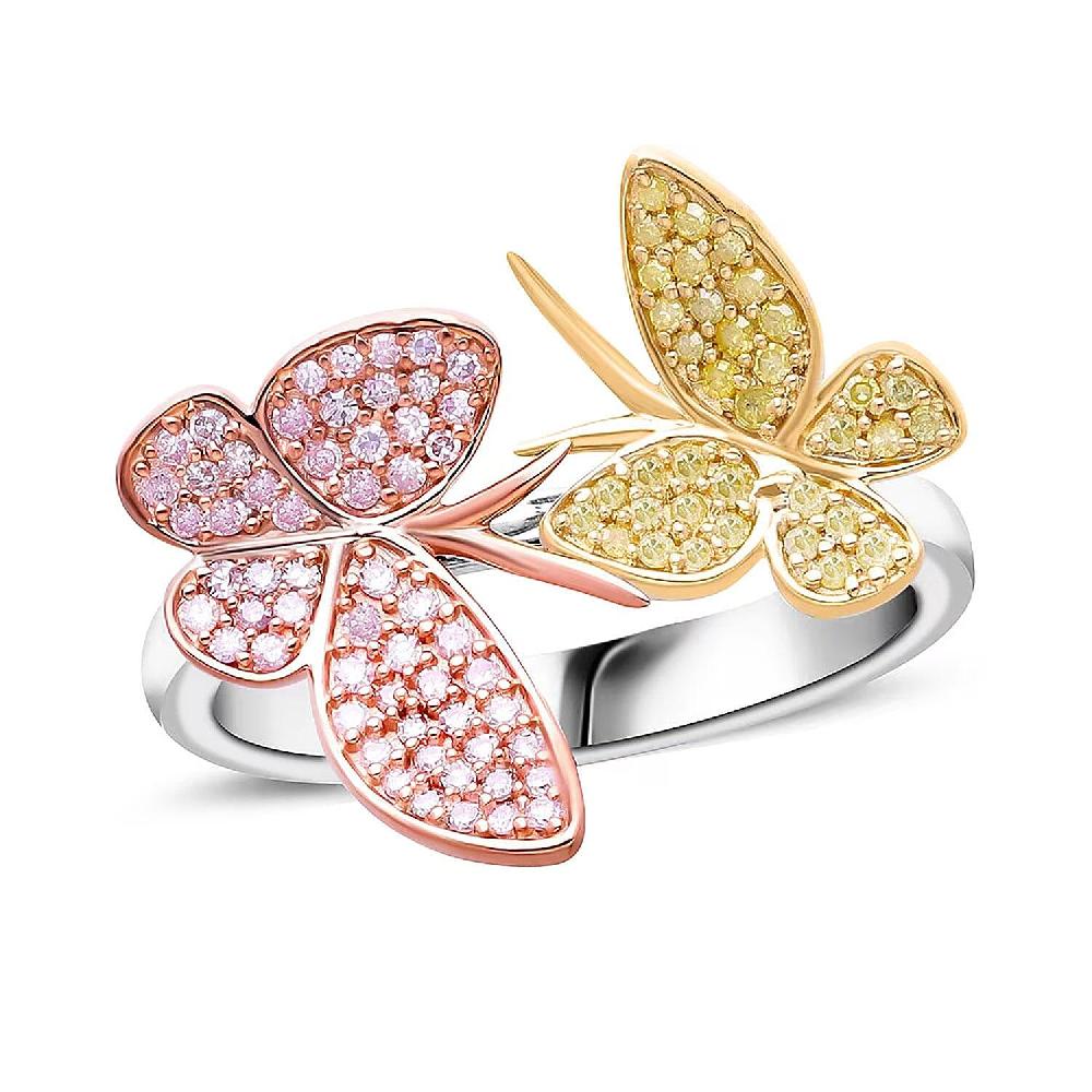 D'Joy Natural Pink and Yellow Diamond I3 0.50 ctw Butterfly Ring in Vermeil Yellow Rose Gold and Rhodium Over Sterling Silver