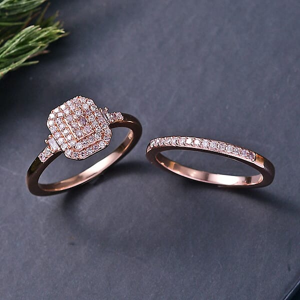 D'Joy Natural Pink Diamond I3 0.50 Ctw Set Of 2 Stackable Ring In 18K Vermeil Rose Gold Over Sterling Silver