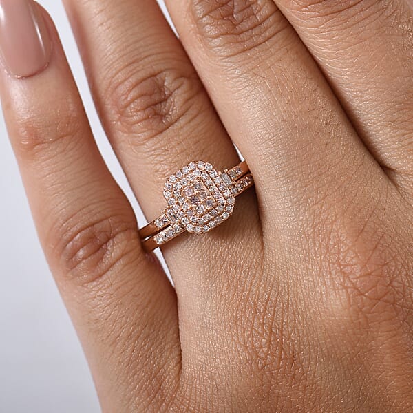 D'Joy Natural Pink Diamond I3 0.50 Ctw Set Of 2 Stackable Ring In 18K Vermeil Rose Gold Over Sterling Silver