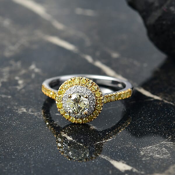 D'Joy Natural Yellow And White Diamond I2-I3 1.20 Ctw Golden Twilight Ring In Rhodium Over Sterling Silver