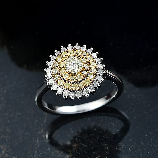 D'Joy Natural Yellow Diamond White Diamond Floral Ring In Rhodium Over Sterling Silver 1.00 Ctw