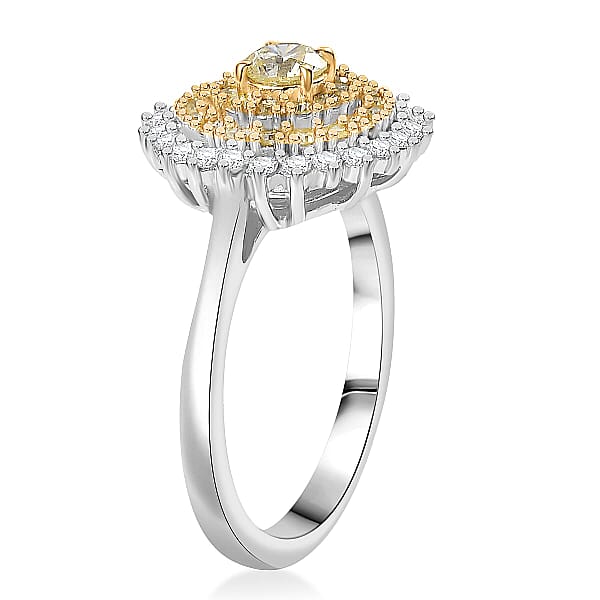 D'Joy Natural Yellow Diamond White Diamond Floral Ring In Rhodium Over Sterling Silver 1.00 Ctw
