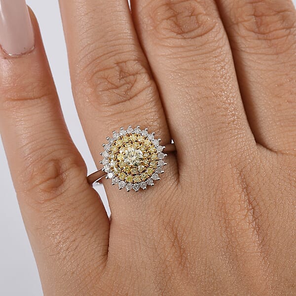 D'Joy Natural Yellow Diamond White Diamond Floral Ring In Rhodium Over Sterling Silver 1.00 Ctw
