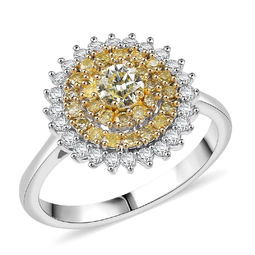 D'Joy Natural Yellow Diamond White Diamond Floral Ring in Rhodium Over Sterling Silver 1.00 ctw