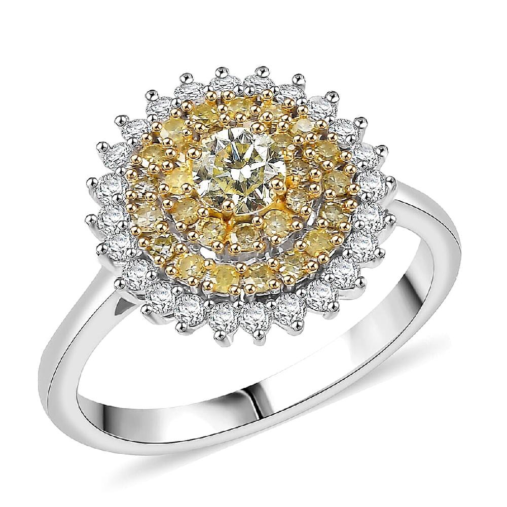 D'Joy Natural Yellow Diamond White Diamond Floral Ring in Rhodium Over Sterling Silver 1.00 ctw
