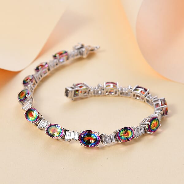 D'Joy Nebula Quartz Doublet And Moissanite 21.75 Ctw Art Deco Bracelet In Rhodium Over Sterling Silver (8.00 In)