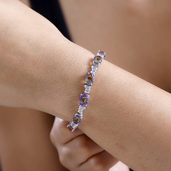 D'Joy Nebula Quartz Doublet And Moissanite 21.75 Ctw Art Deco Bracelet In Rhodium Over Sterling Silver (8.00 In)