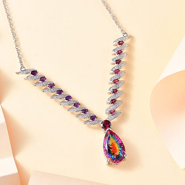 D'Joy Nebula Quartz Doublet And Multi Gemstone 16.35 Ctw Cosmic Dance Necklace In Rhodium Over Sterling Silver 18 Inches