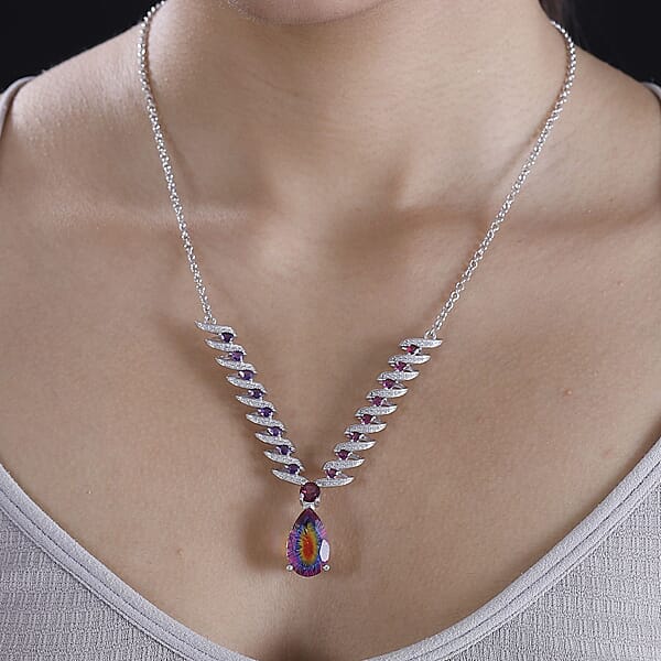 D'Joy Nebula Quartz Doublet And Multi Gemstone 16.35 Ctw Cosmic Dance Necklace In Rhodium Over Sterling Silver 18 Inches