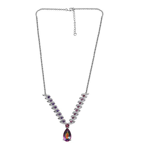 D'Joy Nebula Quartz Doublet And Multi Gemstone 16.35 Ctw Cosmic Dance Necklace In Rhodium Over Sterling Silver 18 Inches