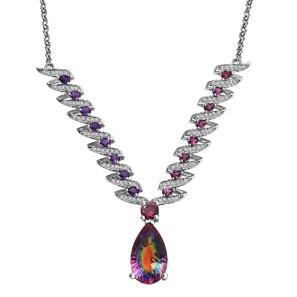 D'Joy Nebula Quartz Doublet and Multi Gemstone 16.35 ctw Cosmic Dance Necklace in Rhodium Over Sterling Silver 18 Inches