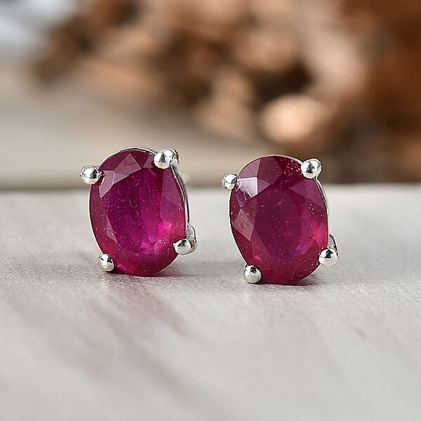 D'Joy Niassa Ruby (FF) 3.60 Ctw Solitaire Stud Earrings In Rhodium Over Sterling Silver