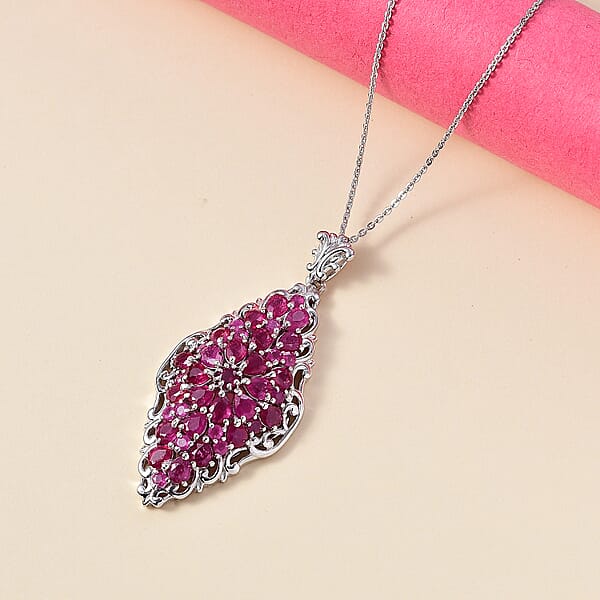 D'Joy Niassa Ruby (FF) 6.85 Ctw Victorian Era Pendant Necklace In Rhodium Over Sterling Silver 20 Inches