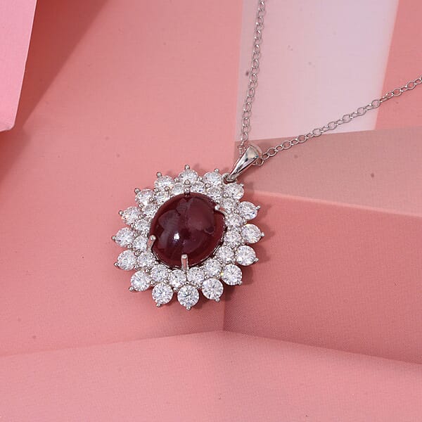 D'Joy Niassa Ruby (FF) And Moissanite 17.25 Ctw Sunburst Pendant Necklace In Rhodium Over Sterling Silver 20 Inches